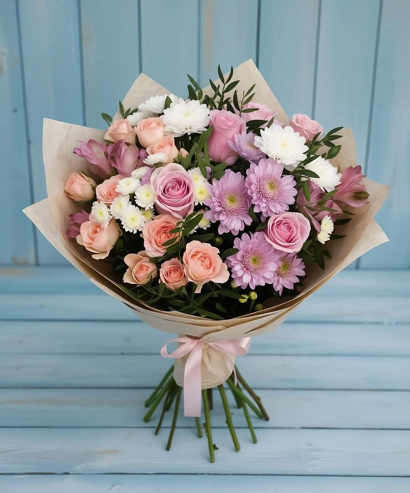 Букет цветов из: Хризантемы, Розы и Альстромерии в Брусянский
