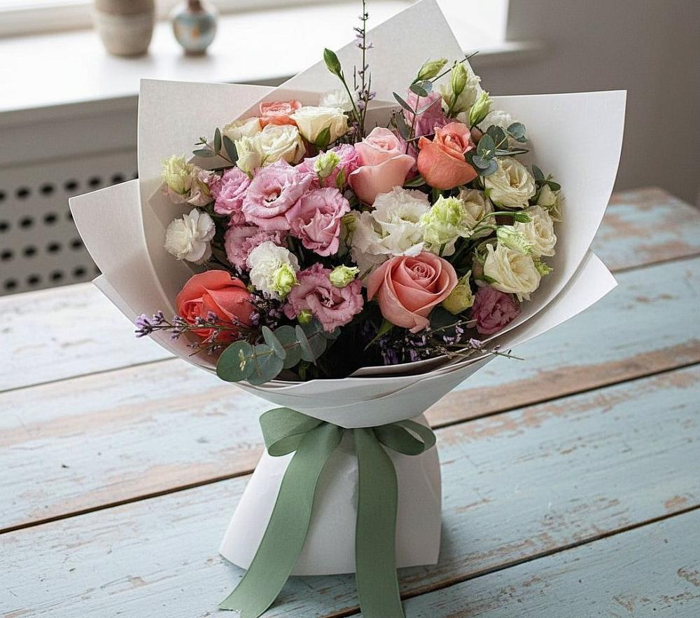 Букет цветов из: Розы, Лизиантусы и Гвоздики в Брусянский