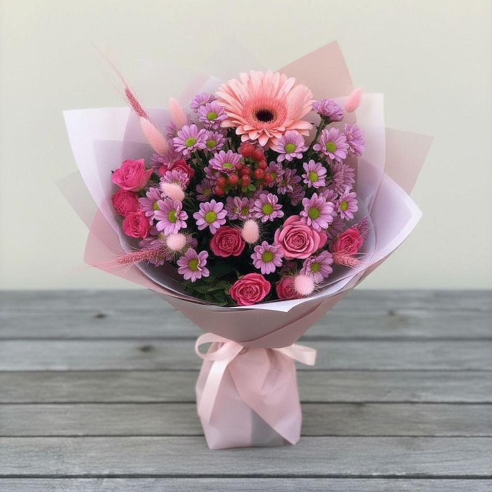 Букет цветов из: Розы, Герберы и Хризантемы в Брусянский