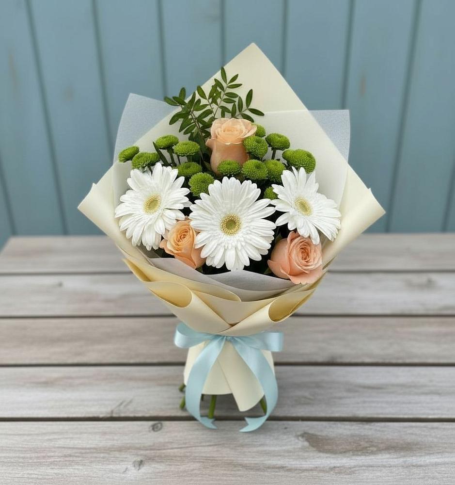 Букет цветов из: Герберы, Розы и Хризантемы в Брусянский